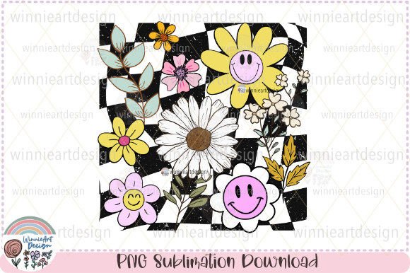 Groovy Summer Daisy Flower Checkered PNG for T-Shirt Designs & Graphics